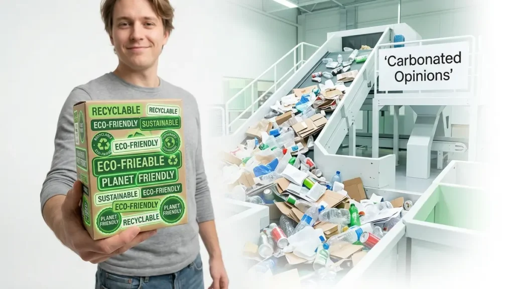 A person holds a product with packaging extensively labeled with 'RECYCLABLE' claims, juxtaposed against a brightly lit, modern but chaotic waste sorting area, highlighting the disconnect between green marketing and recycling infrastructure.