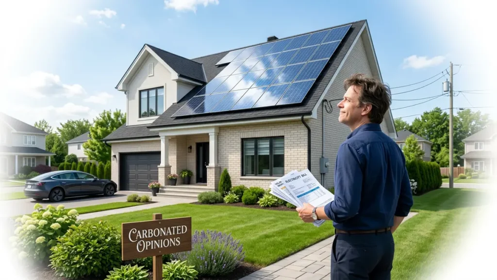 Pristine suburban home with gleaming solar panels on its roof under bright sunlight, a subtly smug homeowner holds paperwork, with 'Carbonated Opinions' visible on a garden sign.