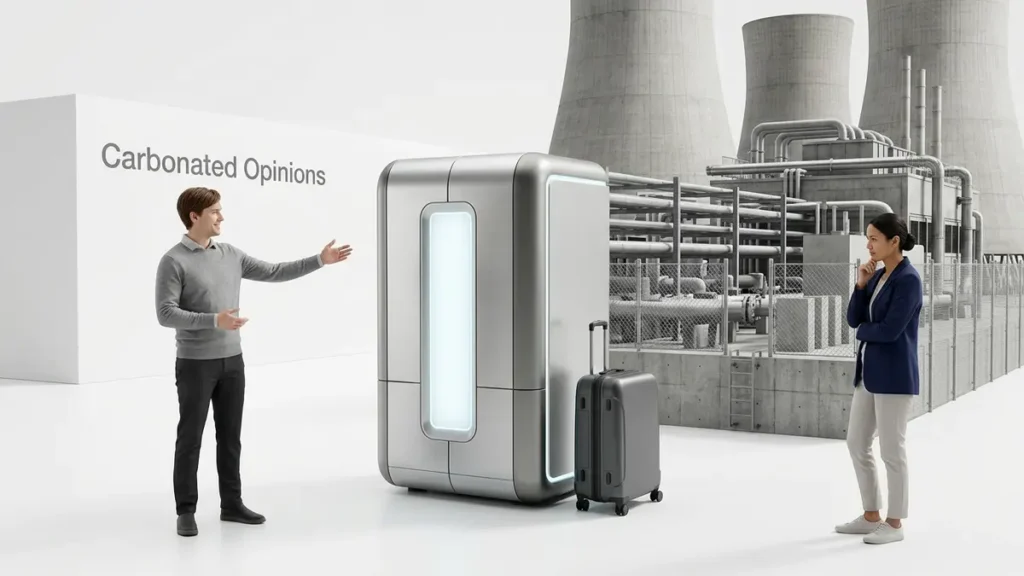 A compact, sleek small modular reactor in a bright showroom, contrasted by hidden, massive industrial cooling towers and industrial infrastructure behind it, with two neutral figures observing the scene. The text 'Carbonated Opinions' is on the wall.