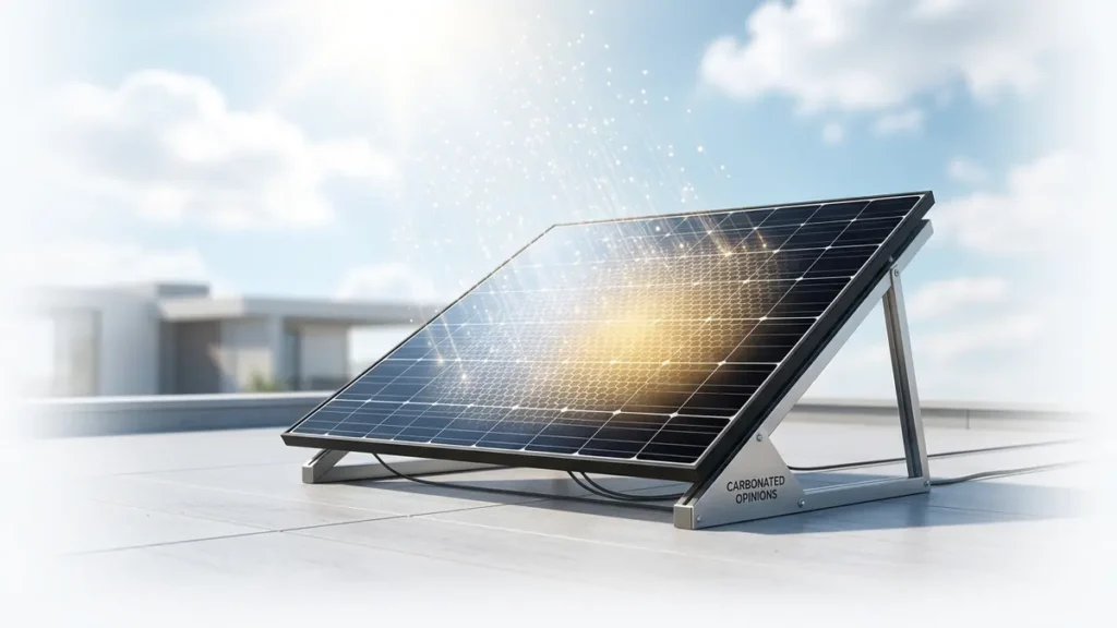 Sleek solar panel on a bright, minimalist rooftop, glowing subtly as light particles are 'sieved' into its surface, with the text Carbonated Opinions visible.