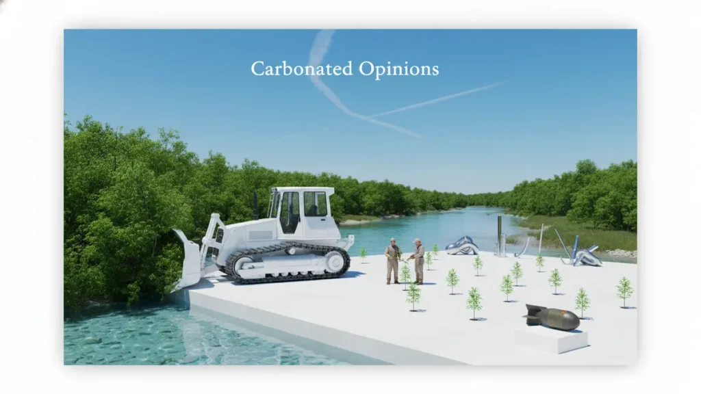 A photorealistic, brightly lit scene showing a pristine white bulldozer flattening a lush green forest into concrete, while figures in clean jumpsuits plant plastic trees. A clean river flows nearby, reflecting a clear sky where 'Carbonated Opinions' is spelled out by a vapor trail. Unexploded ordnance sits neatly on display in the background, symbolizing the comical yet devastating environmental impact of war.