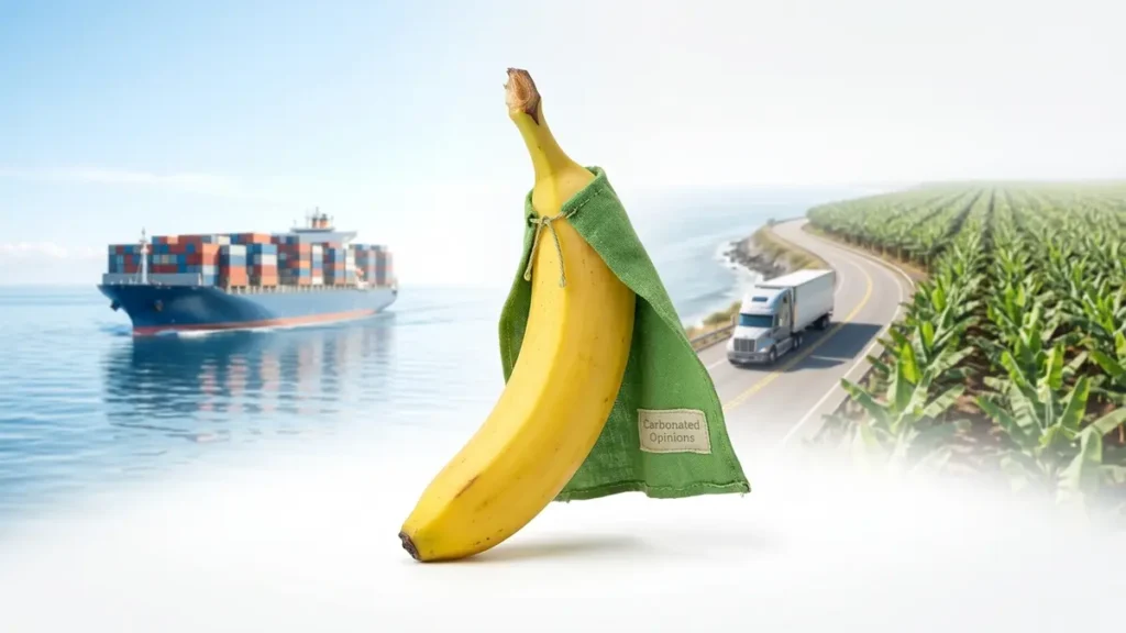 A ripe yellow banana wearing a small, slightly tattered green superhero cape, positioned against a background subtly depicting its global supply chain: a container ship on the ocean, a refrigerated truck, and a monoculture plantation. The image has a bright, airy feel and blends into a white background, with 'Carbonated Opinions' on the cape.