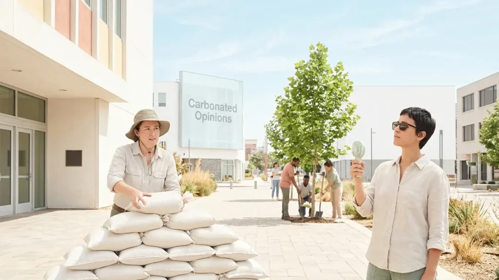 People implementing practical climate adaptation measures like stacking sandbags and planting shade trees in a sun-drenched city square during a heatwave, with a blog logo visible.