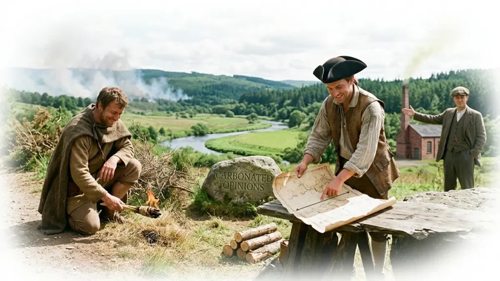 Photorealistic scene featuring historical figures from the Bronze Age, Colonial, and Industrial eras, each making seemingly innocent environmental decisions that subtly lead to long-term ecological consequences in a bright, idealized natural landscape. The words Carbonated Opinions are subtly integrated.