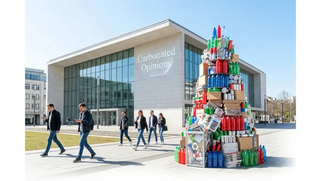 Monumental, impeccably clean consumer waste pile gracefully overflowing from a tiny recycling bin in a bright urban square. Oblivious pedestrians pass by a modern municipal building with 'Carbonated Opinions' subtly displayed.