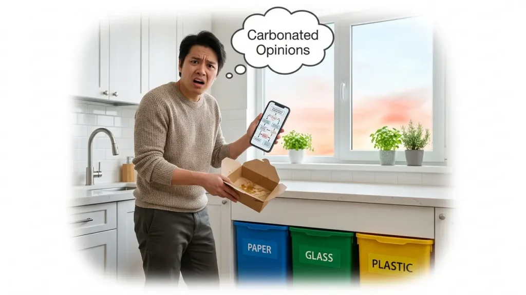 A person stands bewildered in a bright kitchen, attempting to sort a sticky takeout container into color-coded recycling bins, while looking at complex recycling rules on a smartphone. The background shows a subtly fiery, orange-hued sky. Text overlay reads 'Carbonated Opinions'.