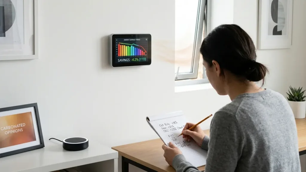 A person holds a pencil and notepad, calculating beside a sleek smart thermostat displaying a dramatic energy savings graph. A subtle wisp of heat escapes an adjacent window, and a glowing smart hub suggests constant power draw in a modern, brightly lit home.