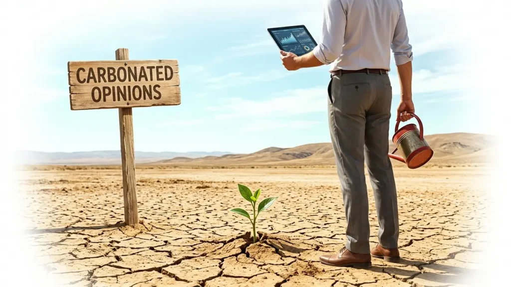 A vividly photorealistic image showcasing a small, green seedling bravely growing in parched, cracked earth under a bright, airy sky, symbolizing the climate tech funding drought. A non-identifiable person in business attire scrutinizes a spreadsheet on a tablet, holding a comically tiny, empty watering can. The words 'Carbonated Opinions' are visible on a wooden signpost in the background.