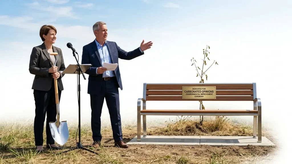 Staged outdoor ceremony where neutral officials pose with a ceremonial shovel next to a pristine public bench, while a small, wilting sapling in dry ground is visible nearby. A plaque on the bench reads 'Carbonated Opinions'.