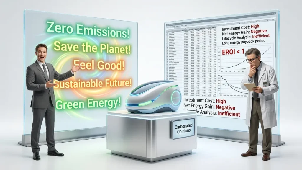 A pristine showroom displays a glowing 'Eco-Wonder 5000' device. On one transparent screen, vibrant marketing slogans like 'Zero Emissions!' glow. On an adjacent screen, a stark spreadsheet displays complex, unfavorable EROI and payback period numbers. A smiling marketer gestures at the slogans, while a skeptical scientist with a calculator scrutinizes the figures. The text 'Carbonated Opinions' is visible.