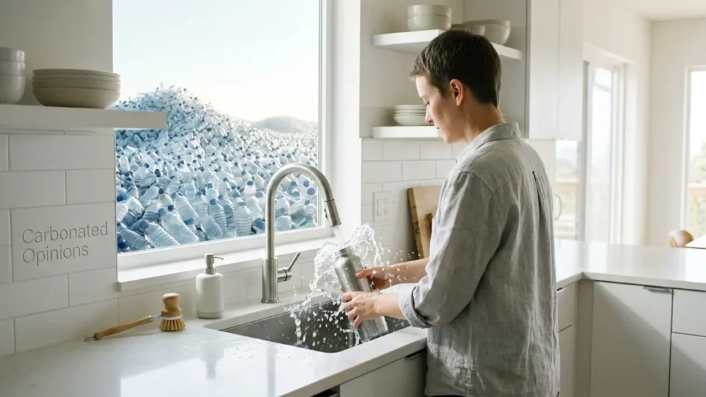 A person meticulously hand-washing a reusable water bottle under a gushing faucet, contrasting with a subtle, vast pile of disposable bottles in the background.