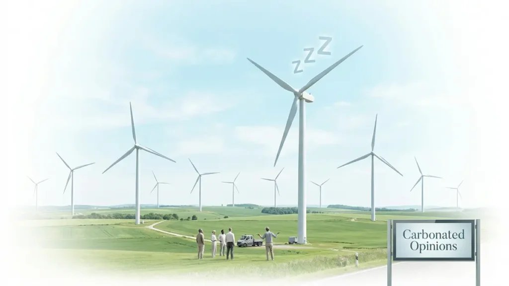 A photorealistic image of a wind farm under a bright, calm sky where all turbines are still. One turbine has a 'Zzz' bubble, and people below look frustrated.