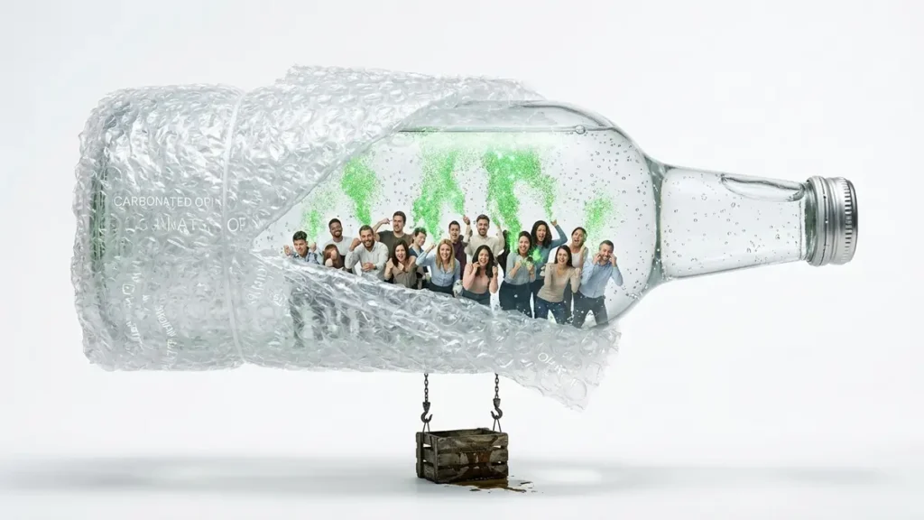 A monumental bubble-wrapped sparkling water bottle, branded 'Carbonated Opinions,' contains tiny figures enacting performative rage by popping bubbles that release green glitter, while a small, dented, leaking crate is ignored beneath.
