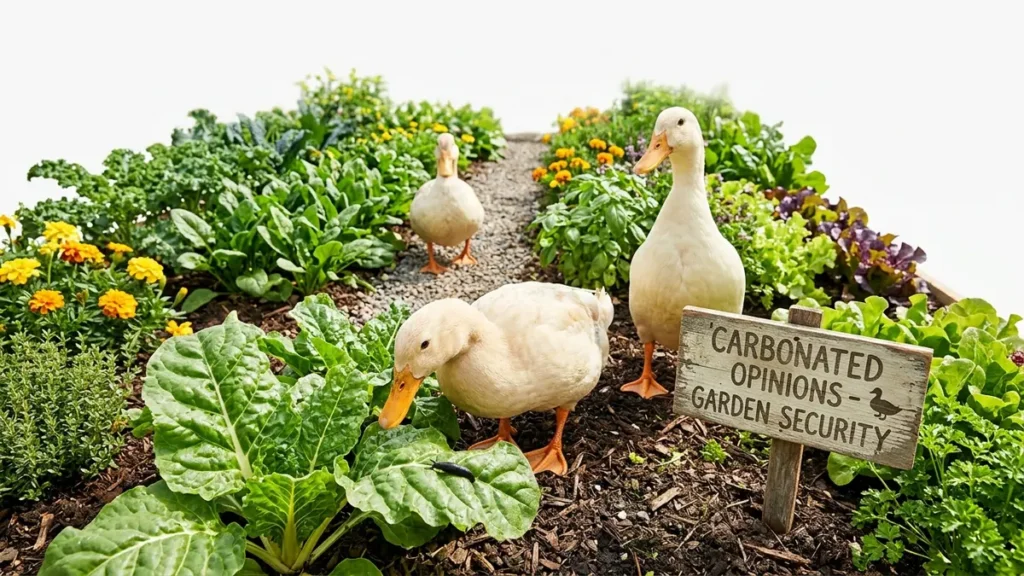 Three domestic ducks, appearing as a garden security team, diligently patrol a vibrant, sunlit garden. A small sign reads 'Carbonated Opinions - Garden Security,' humorously depicting their role in natural pest control.