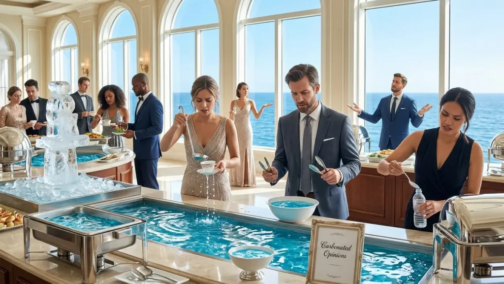 Formal guests at a luxurious buffet attempt to serve ocean water with teacups, looking confused, while a vast ocean is visible outside. A sign reads Carbonated Opinions.