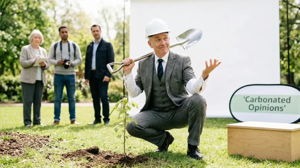 A politician in a suit and hard hat ceremonially planting a small tree, surrounded by onlookers, with 'Carbonated Opinions' visible. The scene satirizes symbolic environmental gestures over substantive policy.