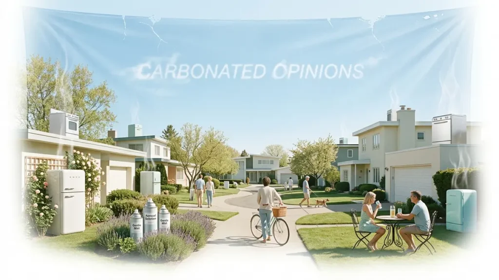 Suburban scene featuring retro-futuristic refrigerators and spray cans releasing invisible distortions towards a delicate, subtly cracked blue sky. Oblivious people walk below. The blog title 'Carbonated Opinions' is visible.