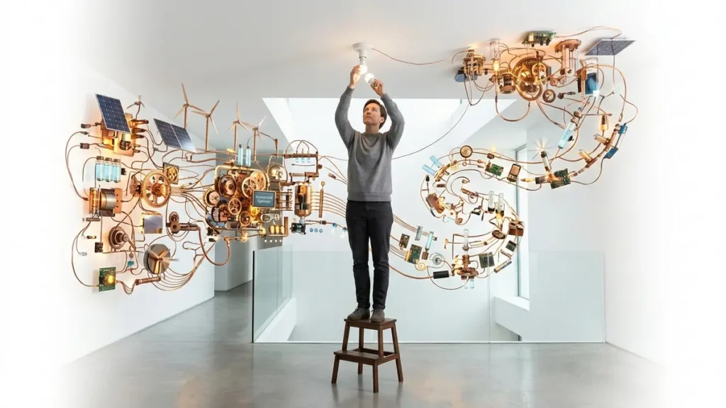 A person meticulously screws in an LED lightbulb, with an elaborate, glowing Rube Goldberg machine circuit sprawling behind, symbolizing the complex network required for individual climate actions to scale into systemic change.