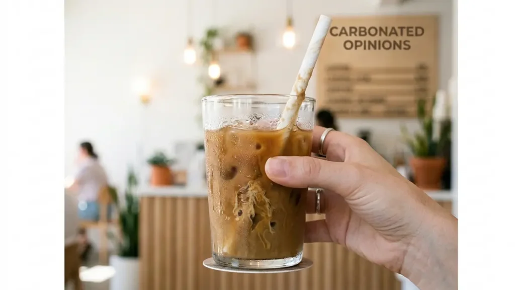 A person's hand holds a glass of iced coffee with a visibly dissolving paper straw, its top fraying into pulp. The bright cafe background subtly displays 'Carbonated Opinions,' highlighting the satirical take on environmental efforts.