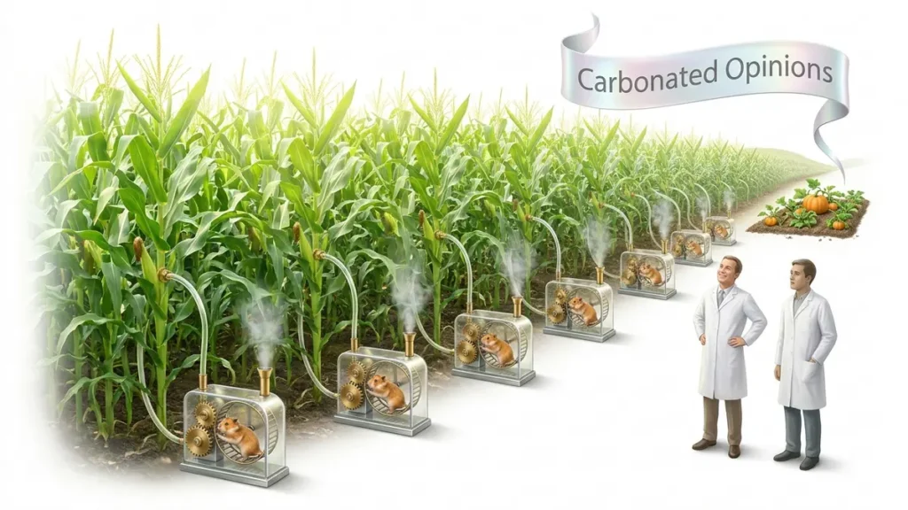 A photorealistic scene of an idealized green cornfield where each stalk is connected to a miniature Rube Goldberg machine powered by a hamster, comically extracting biofuel. A tiny patch of food crops is pushed to the field's edge, while two scientists observe with mixed expressions, under a banner reading 'Carbonated Opinions'.