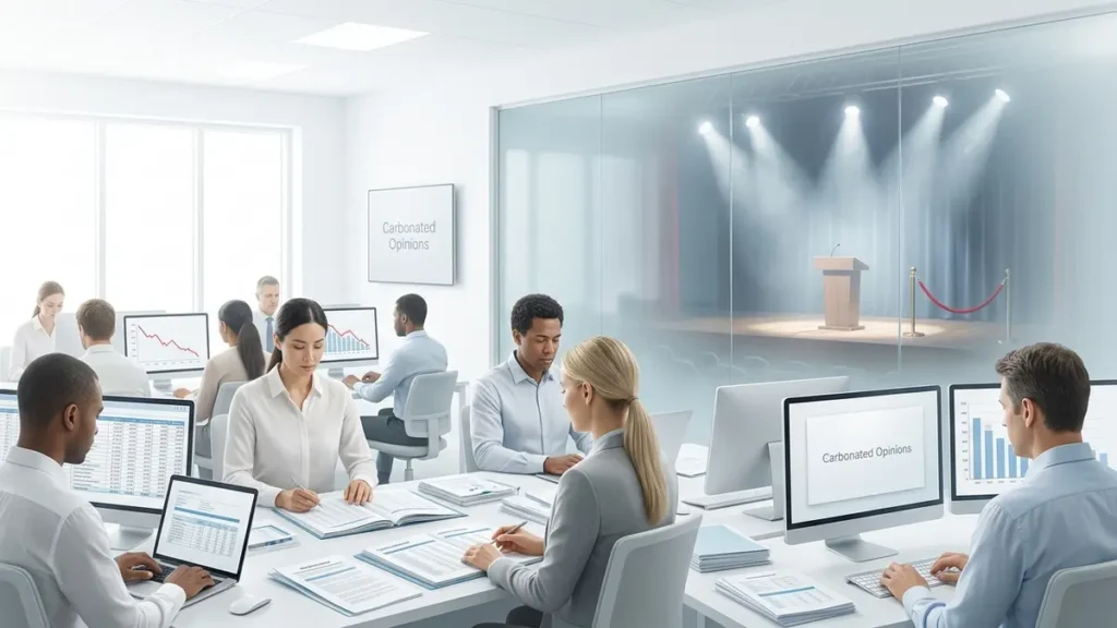 A bright, modern office where diverse individuals are intently working on spreadsheets and policy documents, contrasting with a visible, empty, dramatically lit stage in the background. The scene depicts the quiet effectiveness of practical environmental policy.