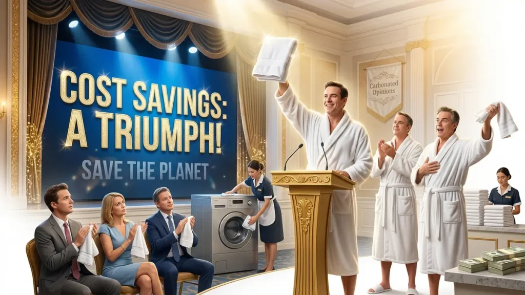 Hotel executives in bathrobes celebrate cost savings with a 'trophy' towel on stage, while 'Save the Planet' message fades behind a prominent 'Cost Savings' screen.