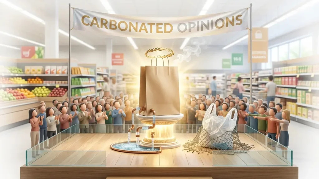 An oversized, pristine paper bag, exaggeratedly virtuous on a glowing pedestal, subtly reveals hidden water and energy costs via miniature pipes and smoke. Beside it, a comically tangled plastic bag looks bewildered. Tiny, non-identifiable figures react in an absurdly bright, airy supermarket setting, with 'Carbonated Opinions' visible.