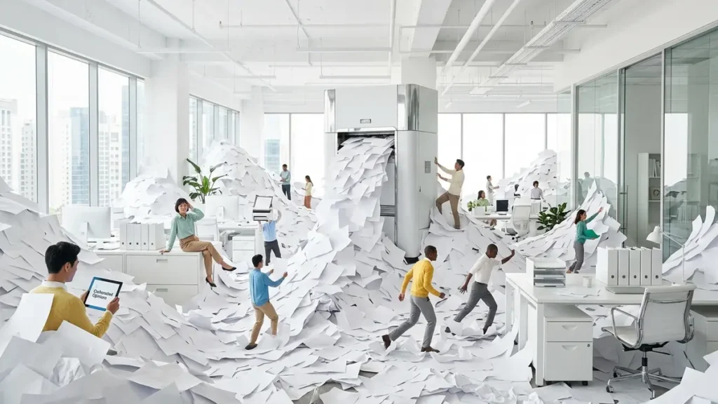 Paperless Offices and the Printing Boom An impossibly large, retro-futuristic office printer dominates a modern, white office, spewing an overwhelming flood of pristine white paper that forms mountains and rivers, engulfing desks and chairs. Small office workers comically navigate the paper deluge, some still printing more. A tablet displays a 'Carbonated Opinions' logo.