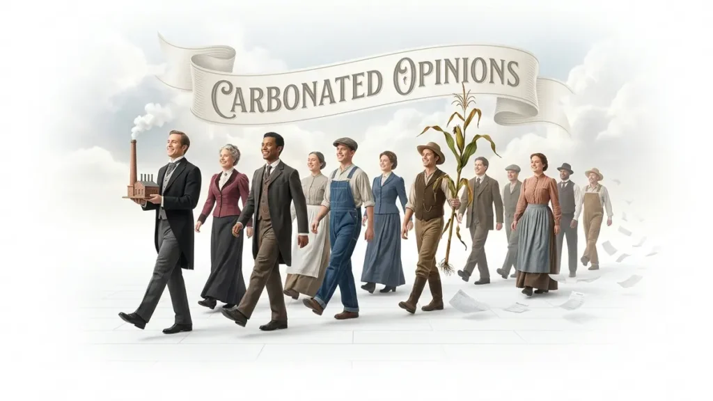 A photorealistic image of diverse, smiling people in formal attire marching backwards in a parade. They carry ironic symbols of 'progress' like a tiny smoking factory and a dying corn stalk. Faint, translucent receipts litter the pristine white ground behind them. A banner in the background reads 'Carbonated Opinions'.