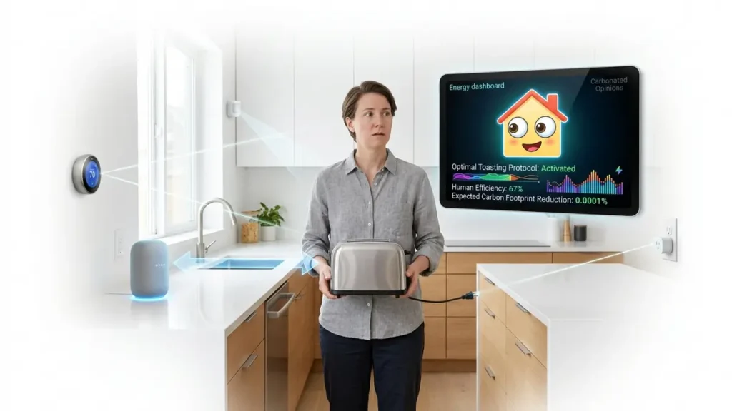 A bewildered person in a bright, modern smart kitchen, holding a toaster, while surrounded by glowing smart devices and a large energy dashboard displaying an anthropomorphic house icon that appears to be monitoring them. Holographic arrows guide the human's actions in an absurdly comical way.