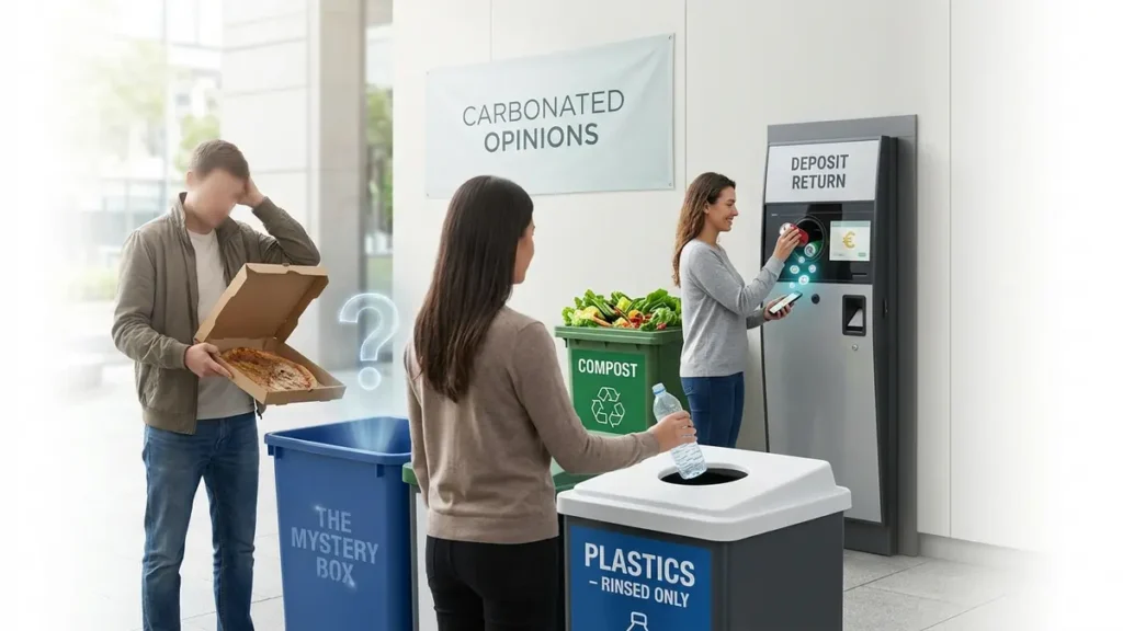 A photorealistic scene depicting the contrast between confused recycling practices and efficient waste management systems. On one side, a person hesitates with a greasy pizza box at a blue bin faintly labeled 'THE MYSTERY BOX'. On the other, individuals confidently use clearly marked bins for rinsed plastics, a modern deposit return kiosk, and a vibrant compost bin, all set in a bright, clean urban environment. The text 'Carbonated Opinions' is subtly visible.