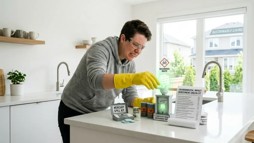 A person in comically oversized safety gloves and goggles meticulously disposes of a glowing CFL bulb into an absurdly complex miniature hazardous waste system on a pristine kitchen counter, satirizing the hidden complexities of 'green' products.