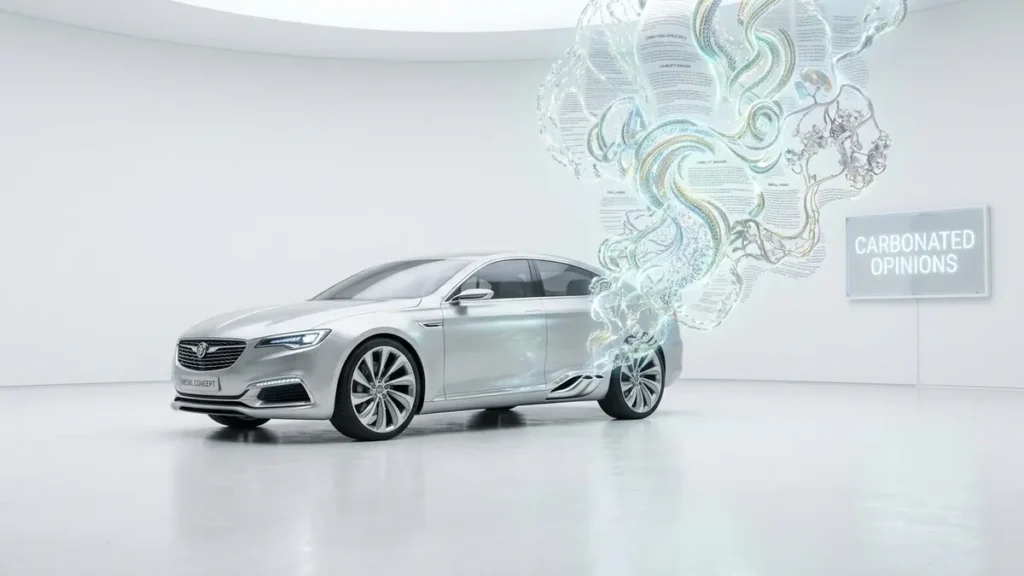 Sleek, modern diesel concept car in a luminous white studio, its tailpipe emitting an ethereal cloud of shimmering fine print and abstract lung shapes. The title 'Carbonated Opinions' appears on a digital display.