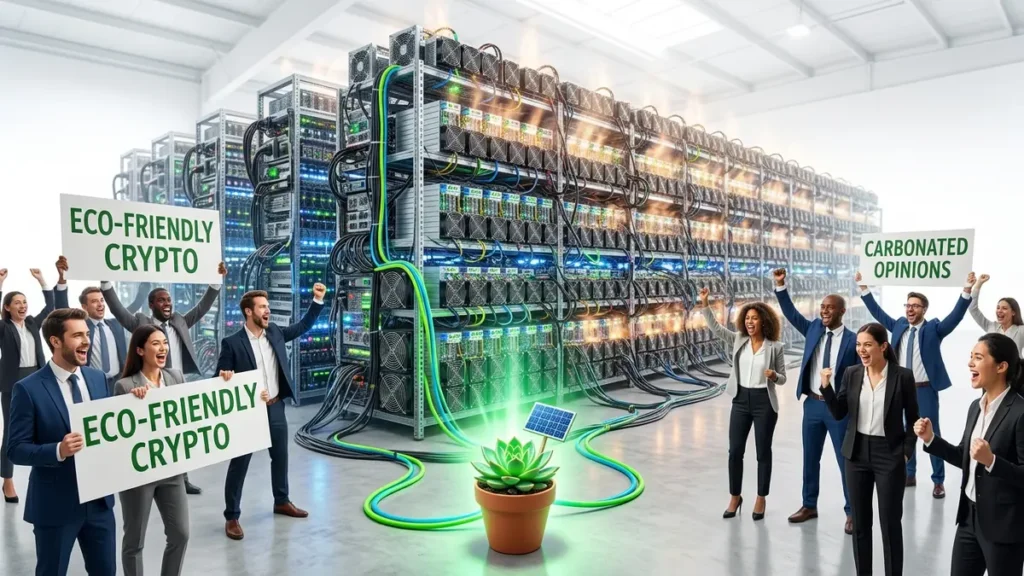 Crypto's Green Revolution: Fact or Fantasy? A massive cryptocurrency mining farm, humorously powered by a tiny succulent plant and miniature solar panel, with enthusiastic, non-identifiable corporate figures holding 'Eco-Friendly Crypto' banners, highlighting environmental greenwashing.
