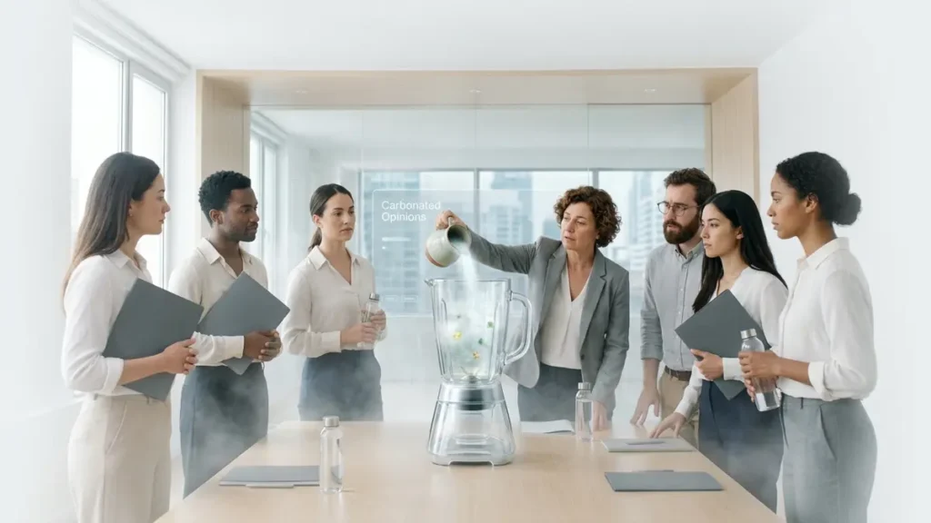 Eco-Lobbying: The Art of Saying Nothing Sustainably Professional environmental lobbyists blend empty promises in a futuristic conference room, generating a cloud of vague, 'sustainable' policy fog.