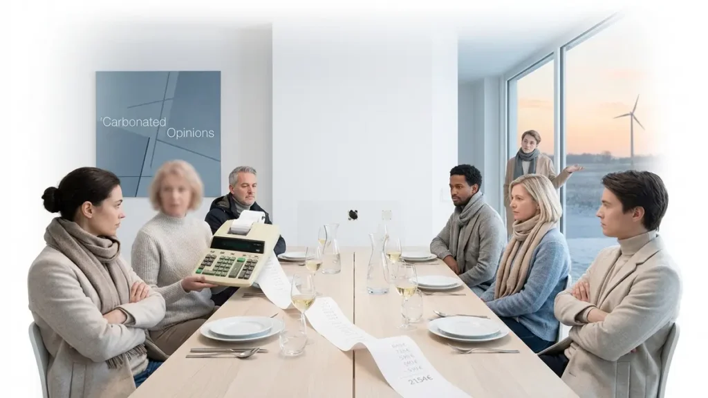 Photorealistic image of a German dinner party indoors, guests wearing winter coats and shivering, gathered around a table with a conspicuously empty space where a large stove once stood. One guest examines a lengthy receipt from an oversized calculator, while a small, distant wind turbine is visible through a window at sunset, alluding to the complexities of Germany's nuclear phaseout and energy transition.
