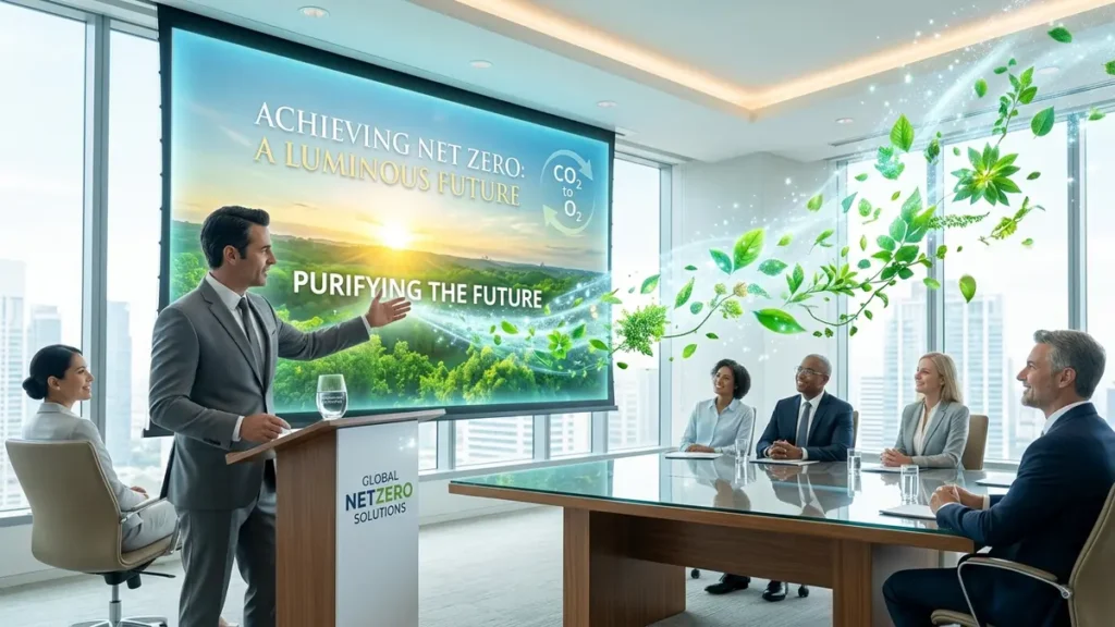 Photorealistic image depicting a business executive presenting a Net Zero PowerPoint, from which pure air and digital foliage are literally flowing, absurdly transforming a sterile boardroom. Business people look on with self-satisfied expressions, while 'Carbonated Opinions' is subtly visible.