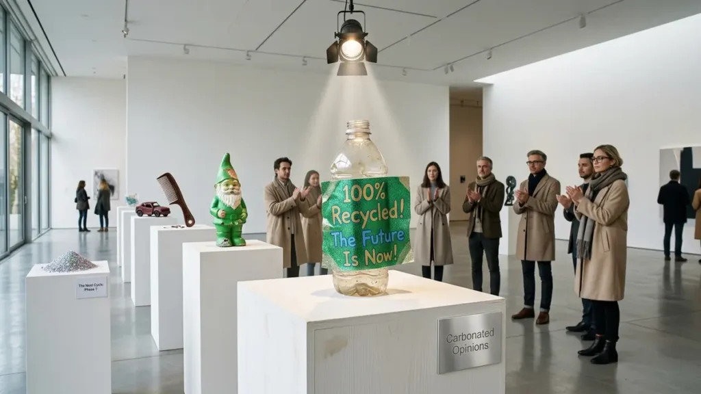 Minimalist art gallery featuring a spotlighted, discolored plastic bottle with an exaggerated '100% Recycled!' label, surrounded by progressively degraded plastic 'art' and subtly applauding critics.