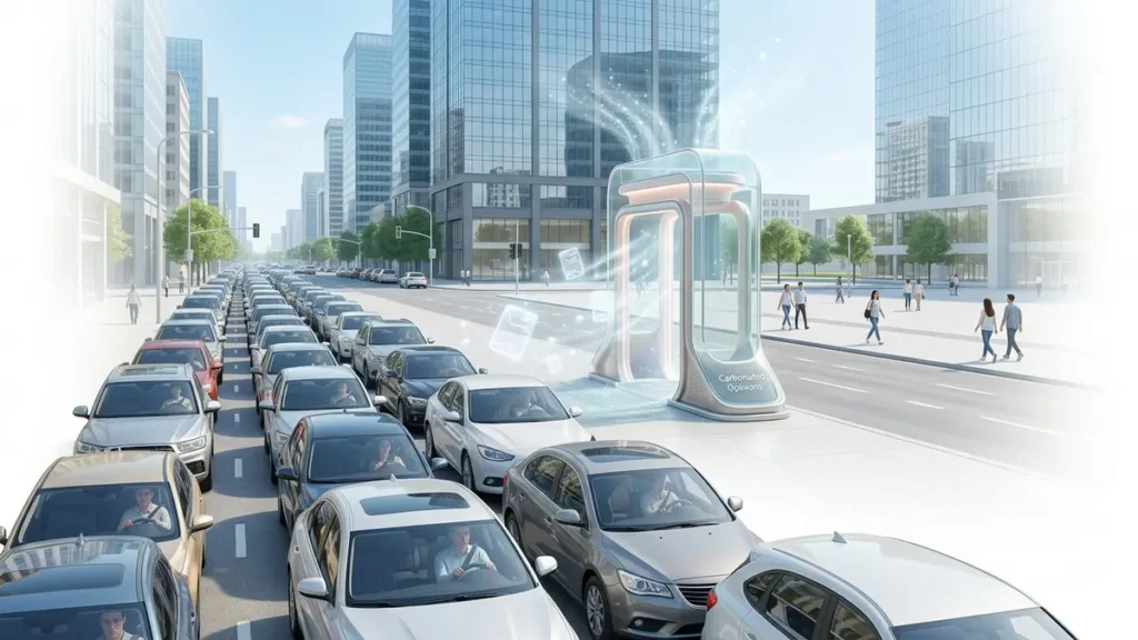 A bustling city street showing a stark contrast between heavily congested traffic and a clear, open street beyond a transparent 'Civic Air & Space Invoice' portal. Non-identifiable cars are stuck, while pedestrians enjoy a spacious, clean environment beyond the portal. The portal has 'Carbonated Opinions' integrated, emitting clean air and glowing symbolic invoices.
