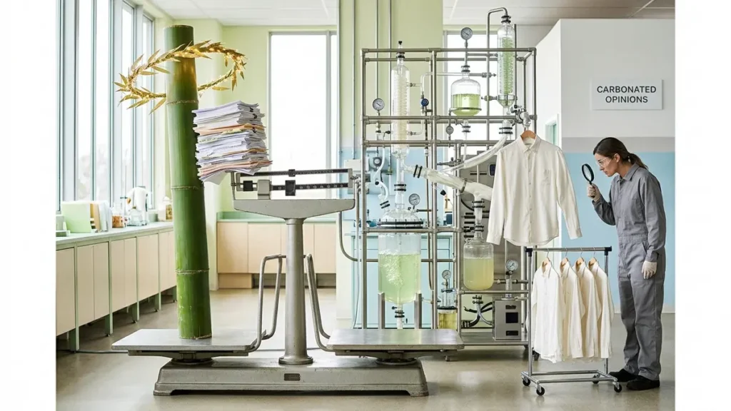 Bamboo stalk with a glowing halo is weighed against a processed bamboo shirt in a realistic textile laboratory filled with pipes, paperwork, and recovery equipment.
