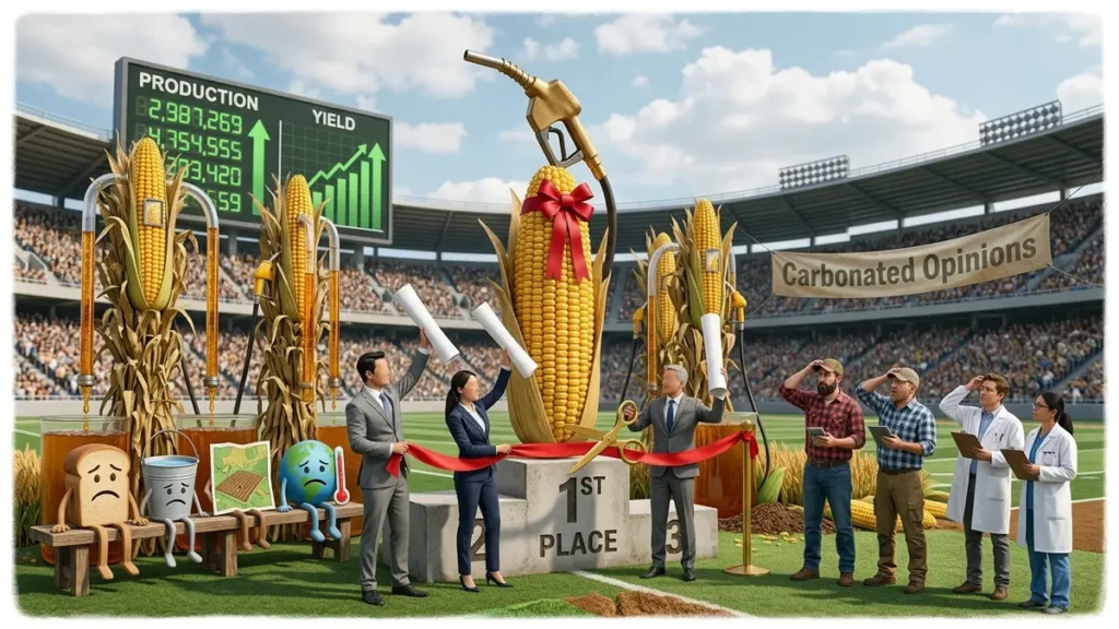 A giant corn cob fuel trophy celebrates soaring ethanol production while food, water, farmland, and climate goals wait ignored on a stadium bench.
