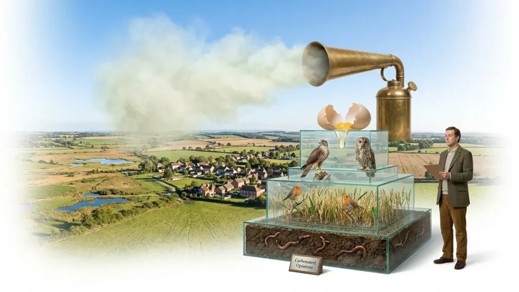 A photorealistic satirical landscape shows a giant pesticide sprayer foghorn above fields while earthworms, robins, raptors, and cracking eggshells form an ecological food chain invoice.