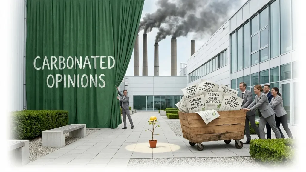 The Greenwashing Behind Carbon Offset Programs Factory executives wheel leafy carbon offset certificates toward a tiny sapling while pollution escapes behind a green curtain