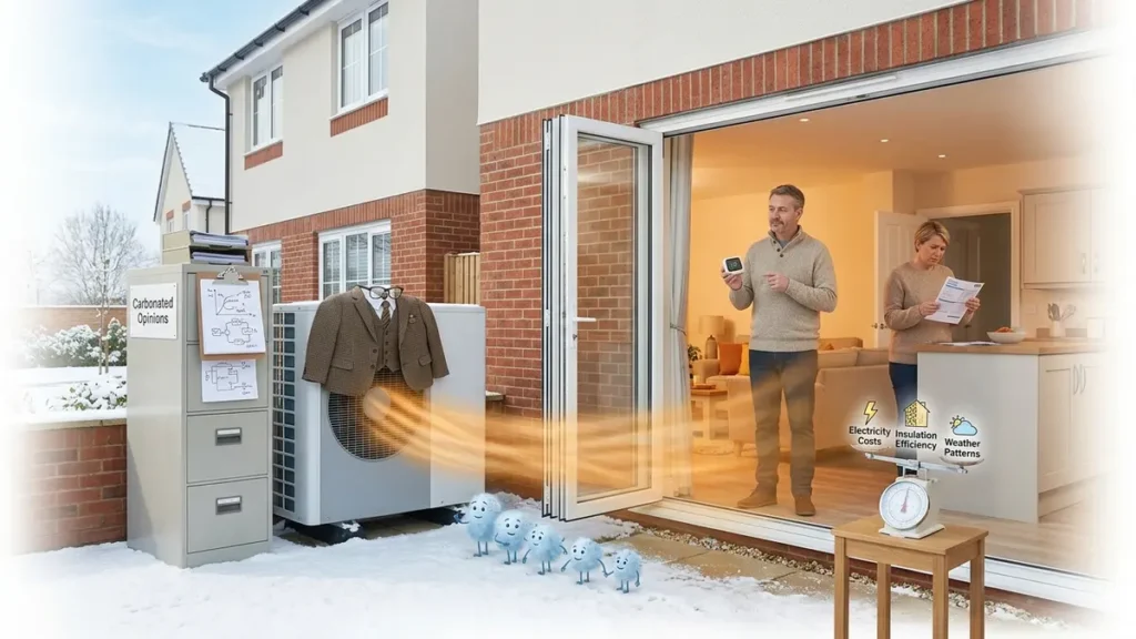 A modern heat pump quietly moves warm air into a suburban home while a filing cabinet, utility bill, and winter weather create a witty climate technology scene