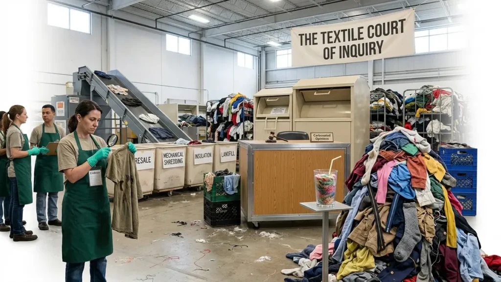 A photorealistic textile sorting facility styled as a courtroom, with mixed-fiber clothes on trial before a donation bin and workers sorting garments for reuse, shredding, or landfill.
