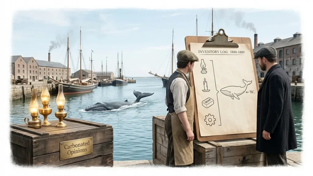 A nineteenth century harbor scene shows a whale beside an oversized inventory clipboard, glowing oil lamps, warehouses, and a sign reading Carbonated Opinions.