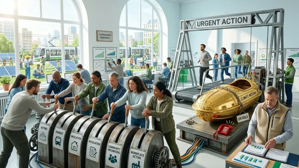Ordinary citizens push climate action controls while an abandoned climate messiah rescue pod waits on hold in a bright civic command centre.