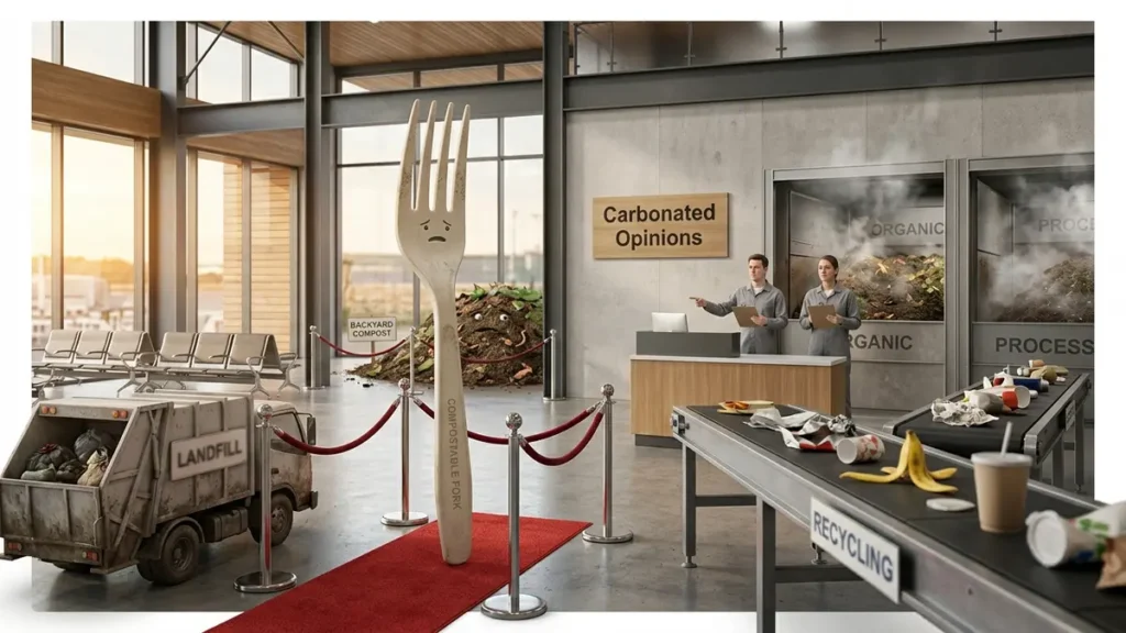 The Truth About 'Compostable' Plastics A compostable plastic fork waits in an elaborate industrial composting facility while workers direct it away from landfill and recycling bins.