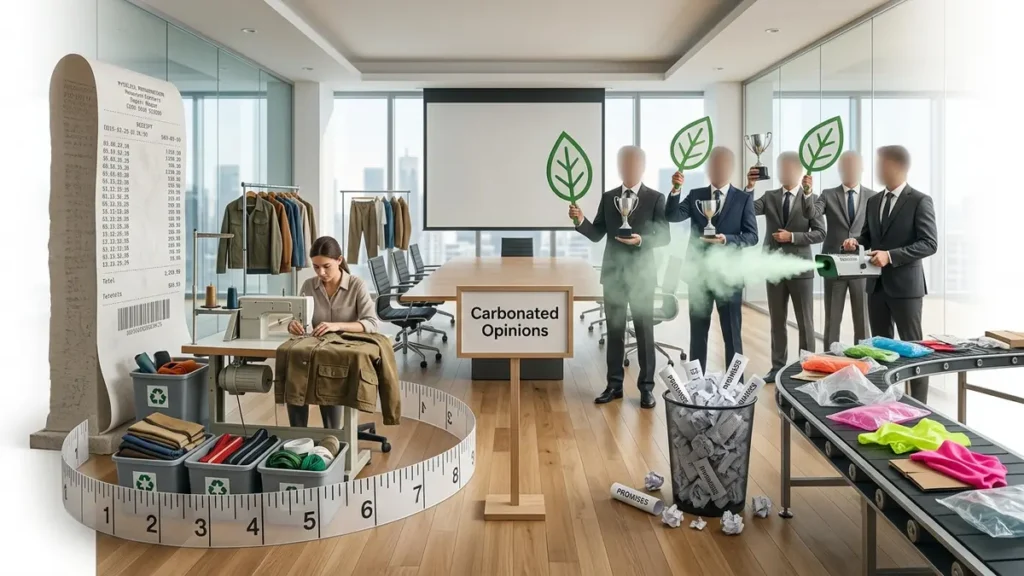 Photorealistic boardroom satire showing a repair workshop and giant receipt beside executives presenting empty green leaf symbols
