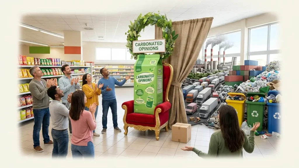 Giant leafy product packaging receives applause in a supermarket while hidden factories, trucks, waste, and recycling bins reveal the broader environmental impact